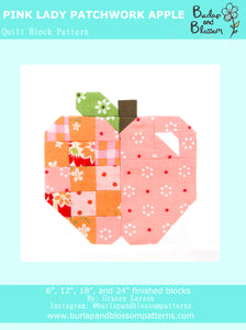 Pattern, Pink Lady Patchwork Apple Quilt Block by Burlap and Blossom (digital download)