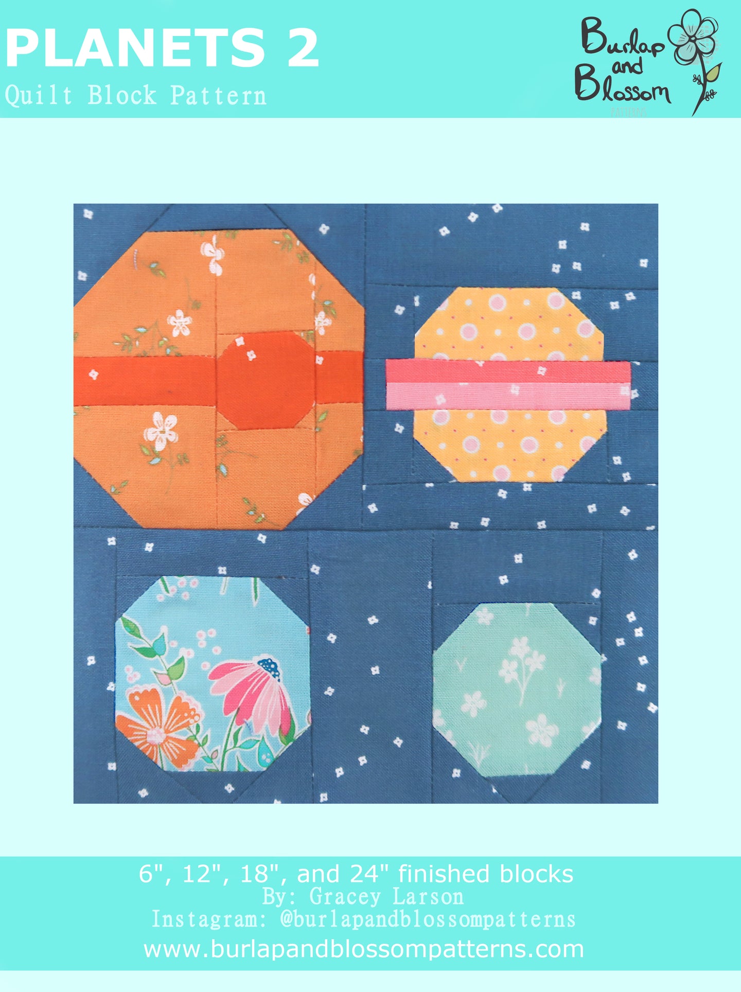 Pattern, Planets (Set 2) Quilt Block by Burlap and Blossom (digital download)