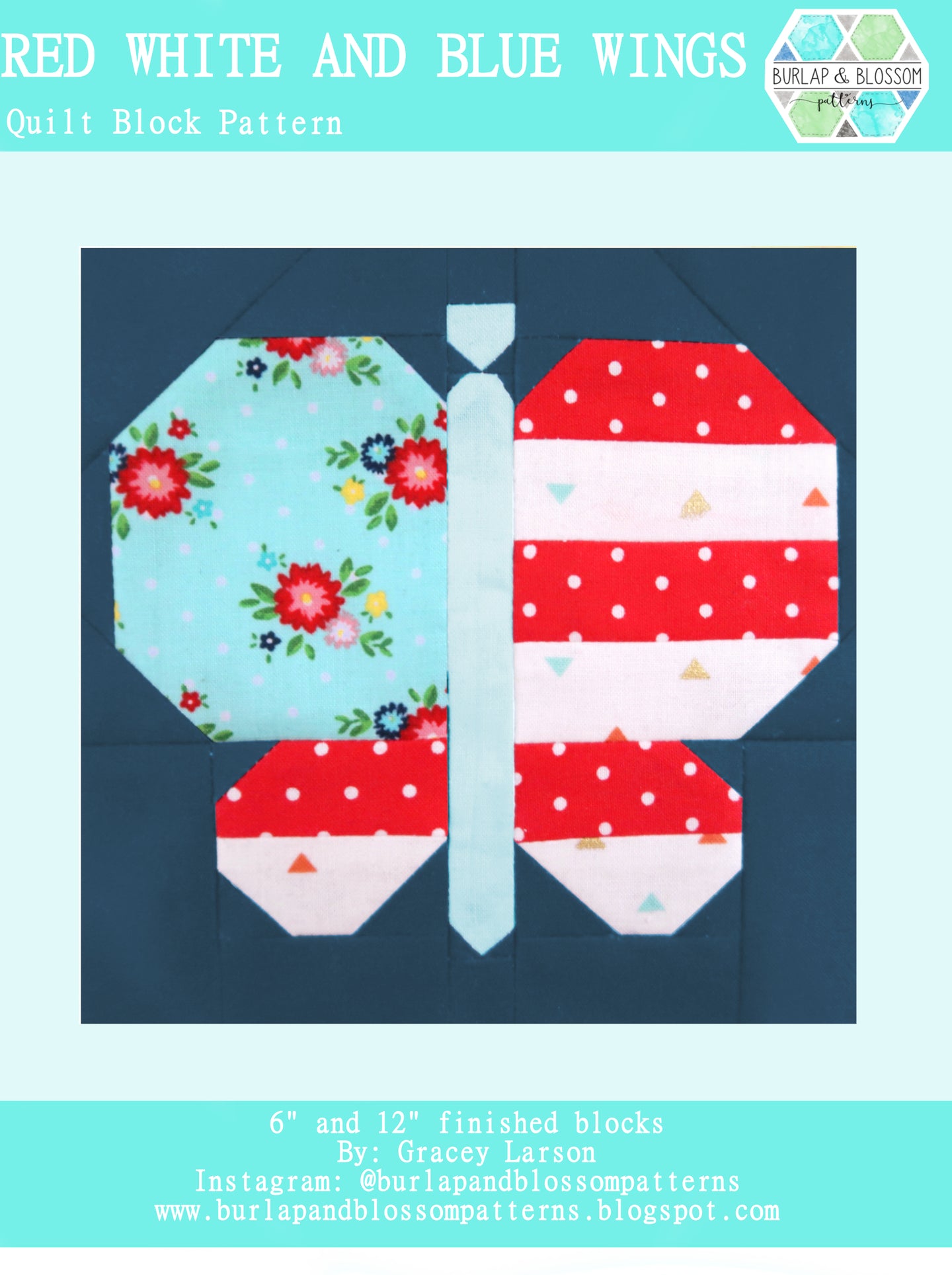 Pattern, Red, White, and Blue Butterfly Quilt Block by Burlap and Blossom (digital download)