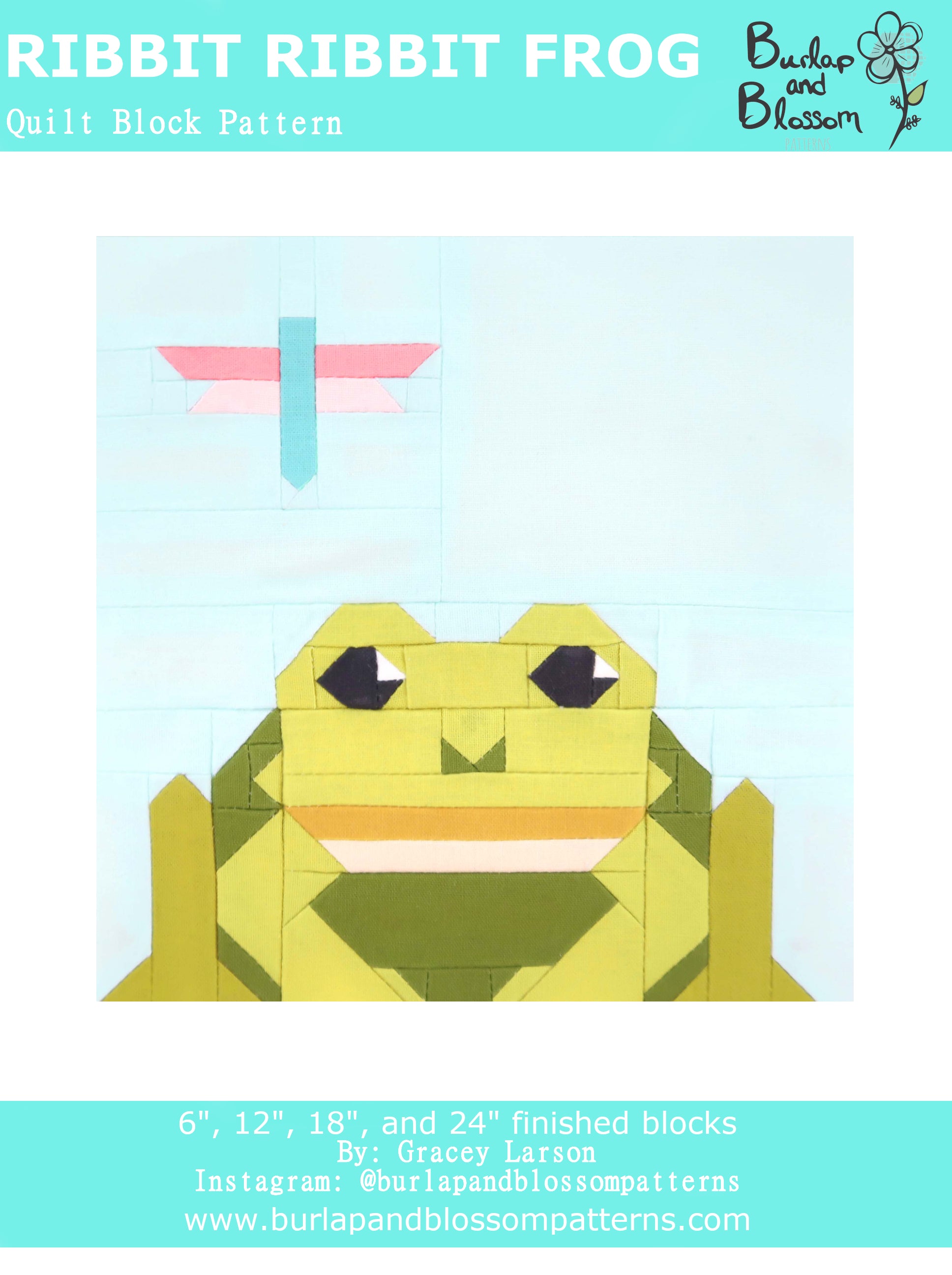 Pattern, Ribbit Ribbit Frog Quilt Block by Burlap and Blossom (digital download)