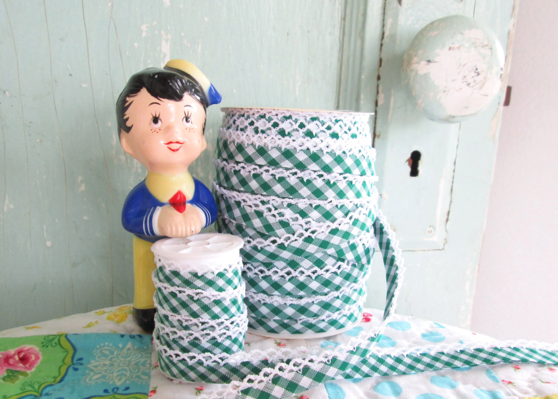 LACE BIAS TAPE, CHRISTMAS GREEN GINGHAM Double Fold Crochet Edge (by the yard)