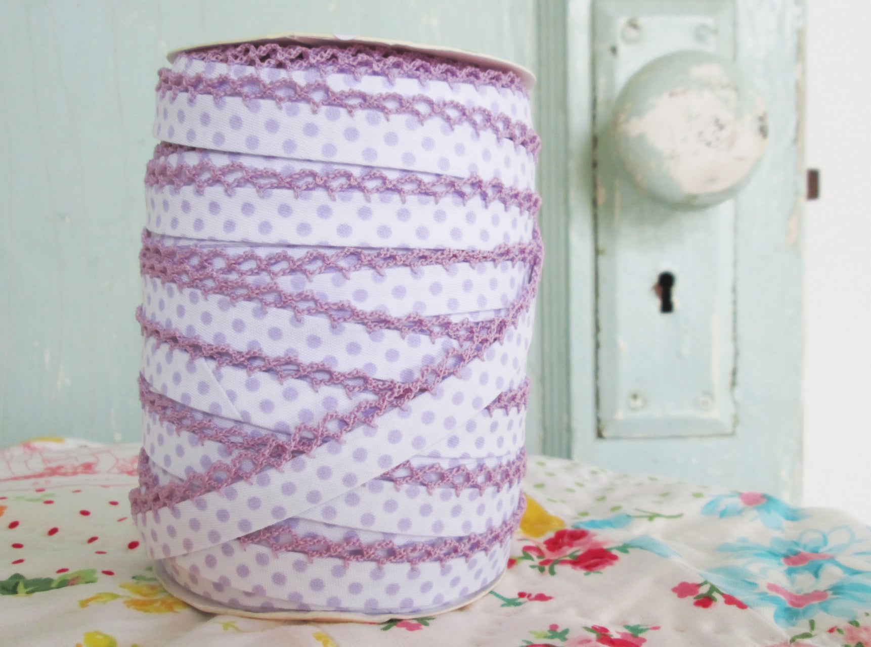 LACE BIAS TAPE, LAVENDER DOTS ON WHITE Double Fold Crochet Edge (by the yard)