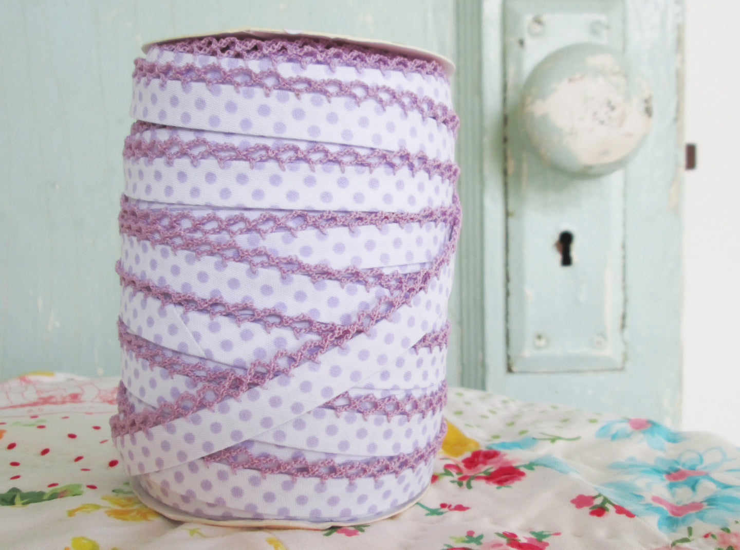 LACE BIAS TAPE, LAVENDER DOTS ON WHITE Double Fold Crochet Edge (BY THE YARD)