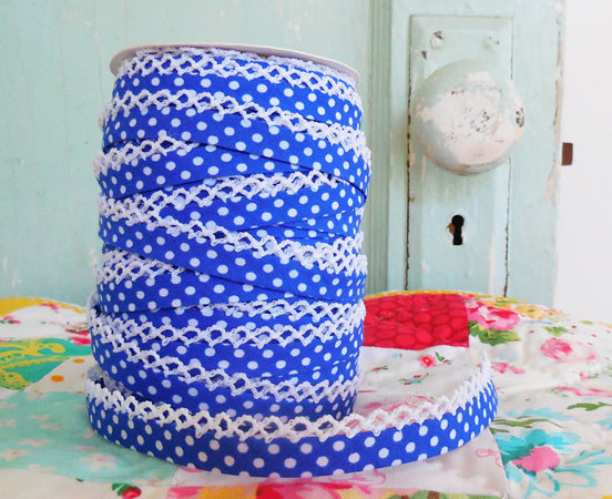 LACE BIAS TAPE, ROYAL BLUE POLKA DOT Double Fold Crochet Edge (by the yard)