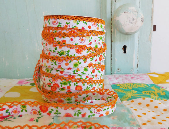 LACE BIAS TAPE, ORANGE FLORAL Double Fold Crochet Edge (by the yard)