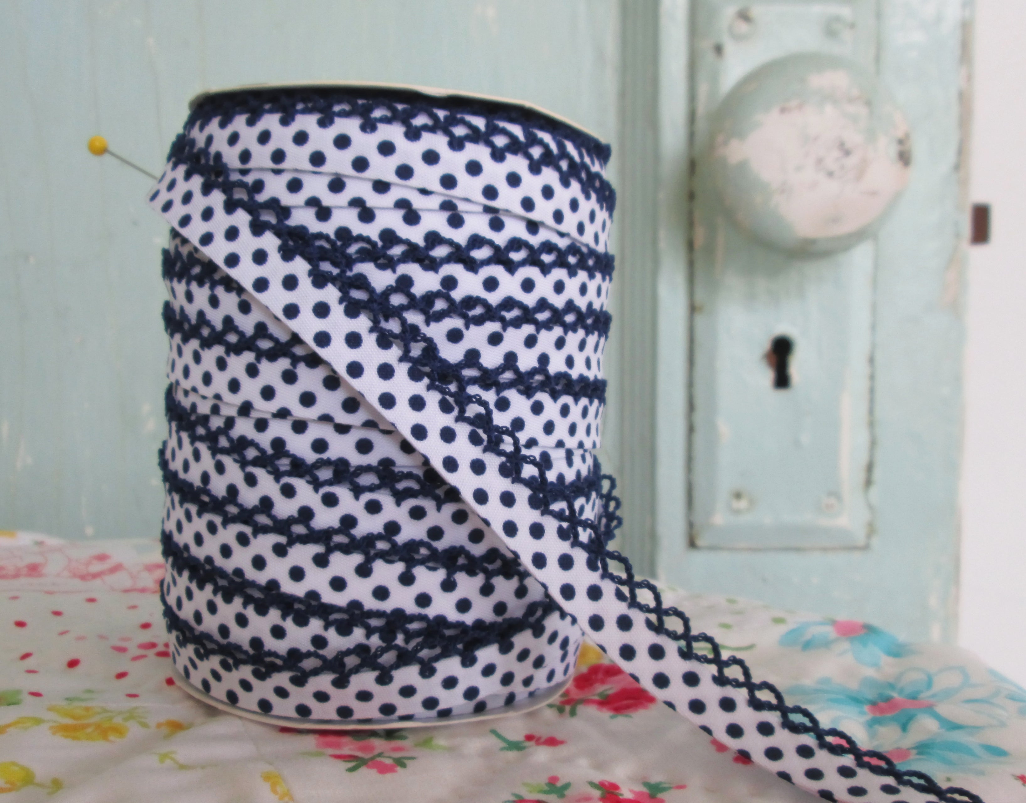 LACE BIAS TAPE, NAVY DOTS ON WHITE Double Fold Crochet Edge (by the yard)