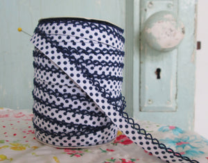 LACE BIAS TAPE, NAVY DOTS ON WHITE Double Fold Crochet Edge  (BY THE YARD)