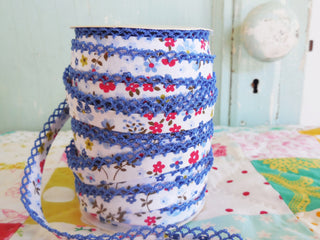 Load image into Gallery viewer, LACE BIAS TAPE, BLUE FLORAL Double Fold Crochet Edge  (BY THE YARD)