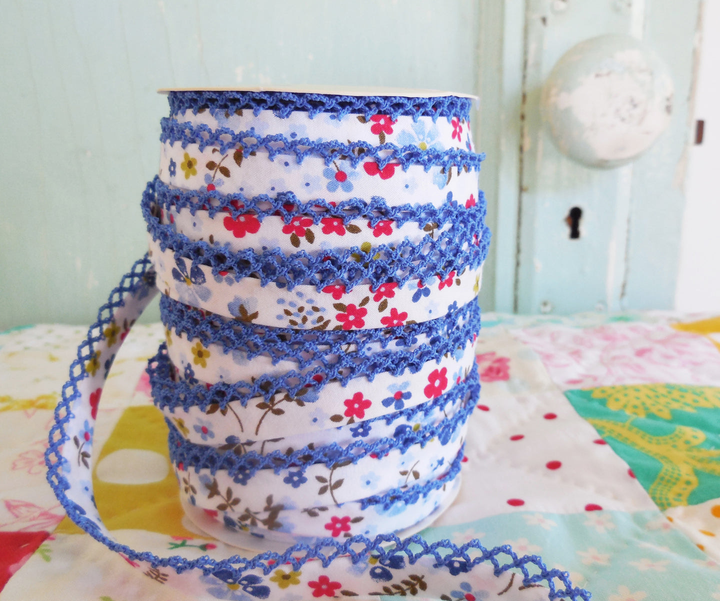 LACE BIAS TAPE, BLUE FLORAL Double Fold Crochet Edge  (BY THE YARD)