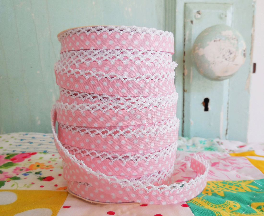 LACE BIAS TAPE, SOFT PINK POLKA DOT Double Fold Crochet Edge (by the yard)