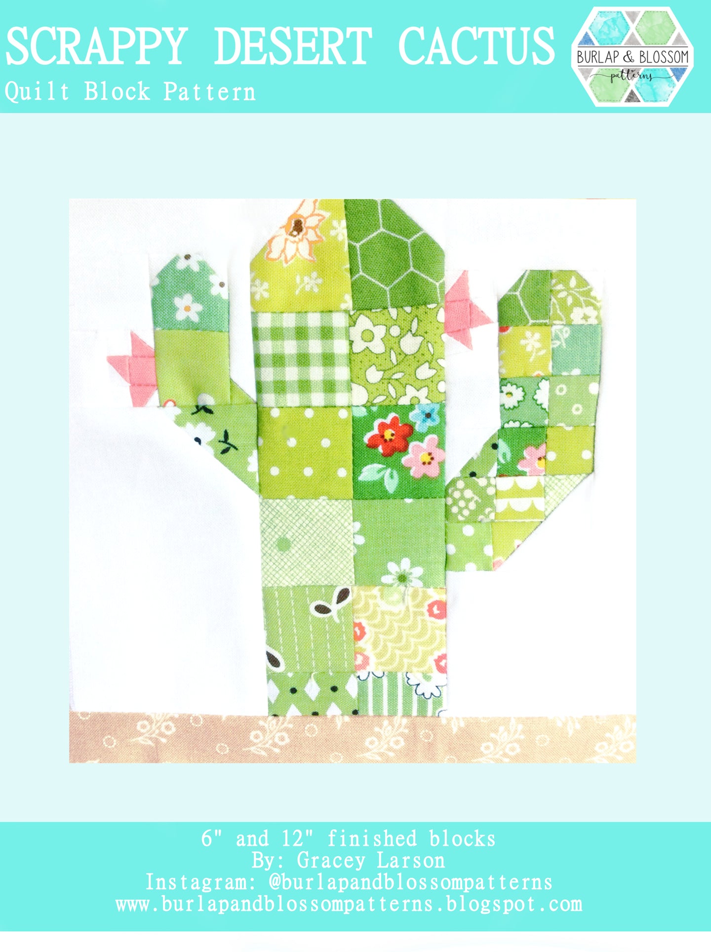 Pattern, Scrappy Desert Cactus Quilt Block by Burlap and Blossom (digital download)