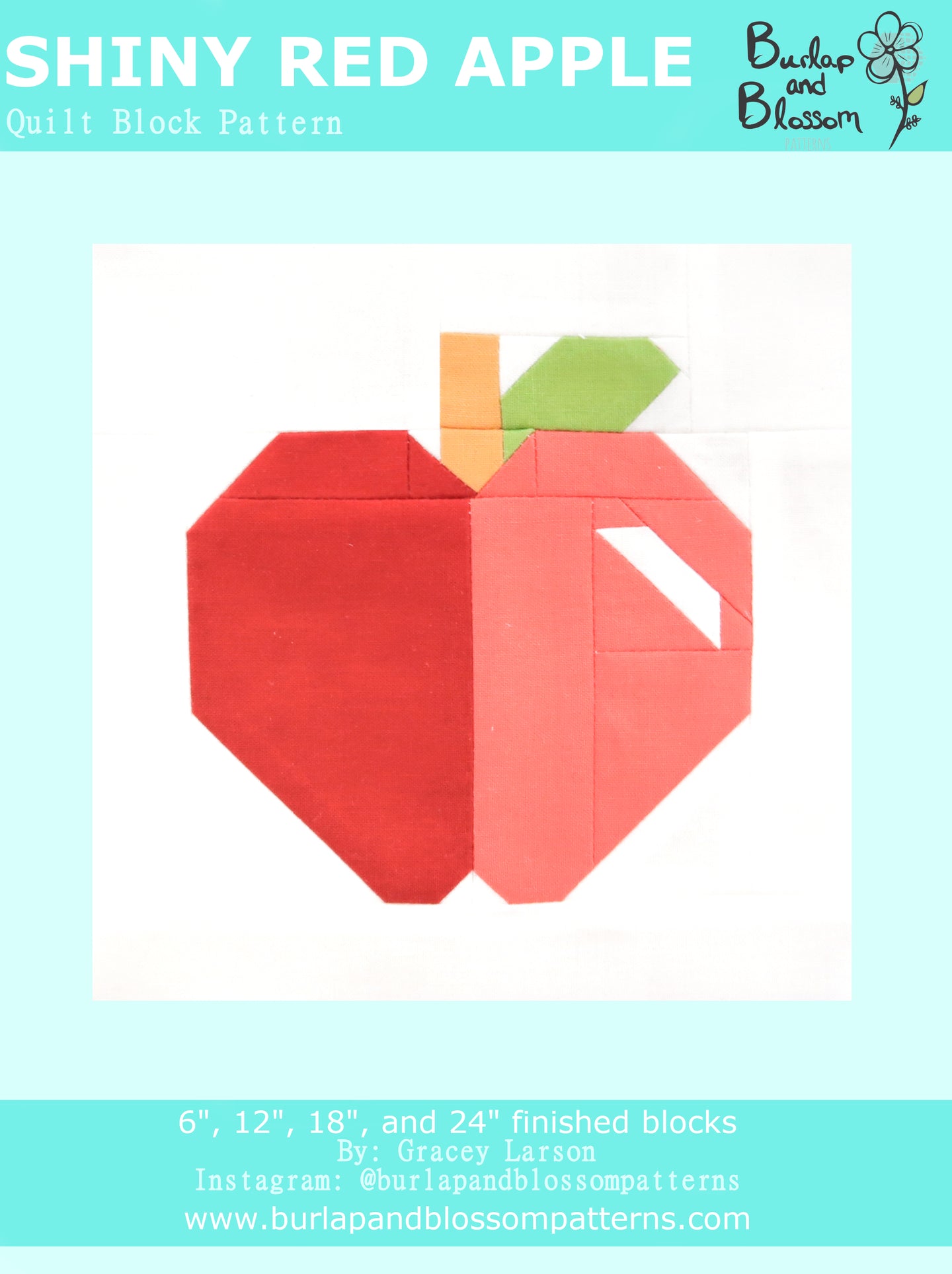 Pattern, Shiny Red Apple Quilt Block by Burlap and Blossom (digital download)
