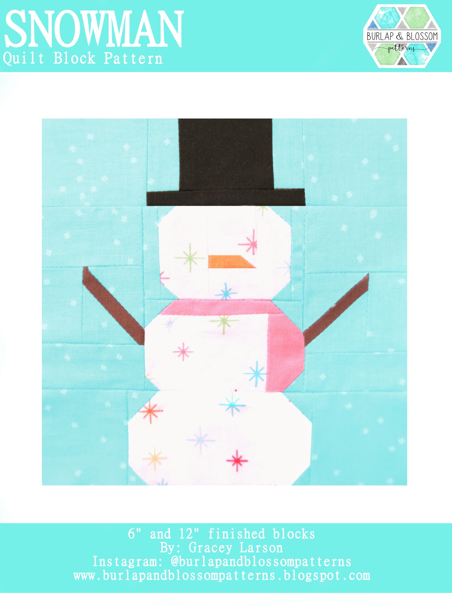 Pattern, Snowman Quilt Block by Burlap and Blossom (digital download)