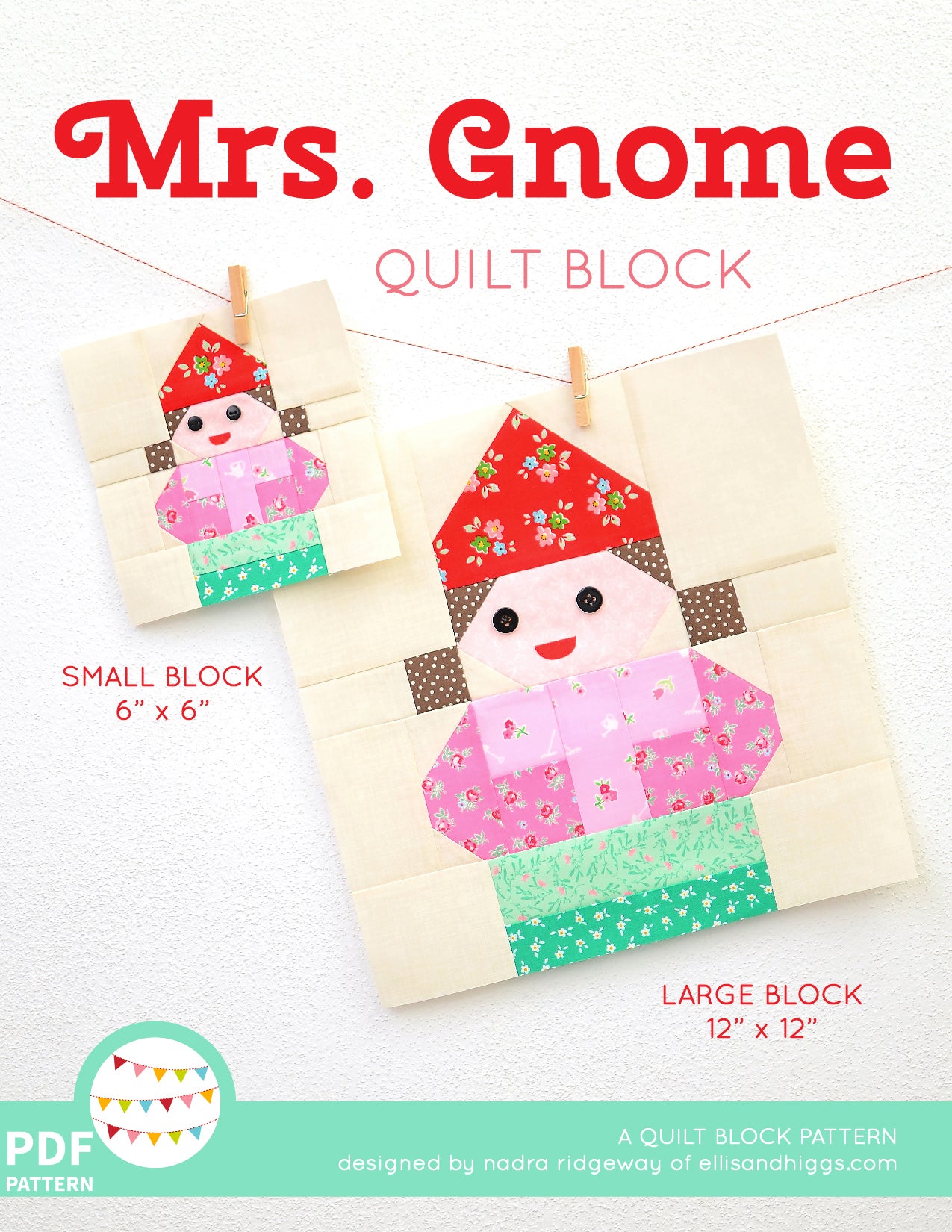 Pattern, Mrs. Gnome Quilt Block by Ellis & Higgs (digital download)