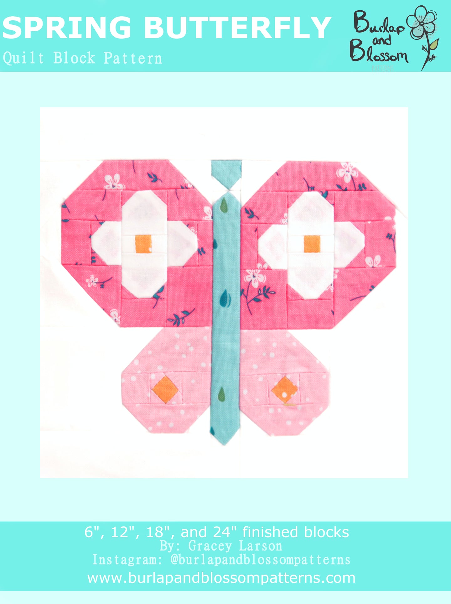 Pattern, Spring Butterfly Quilt Block by Burlap and Blossom (digital download)