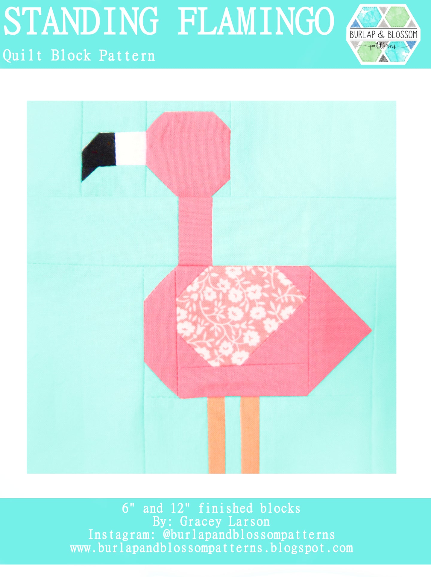 Pattern, Standing Flamingo Quilt Block by Burlap and Blossom (digital download)