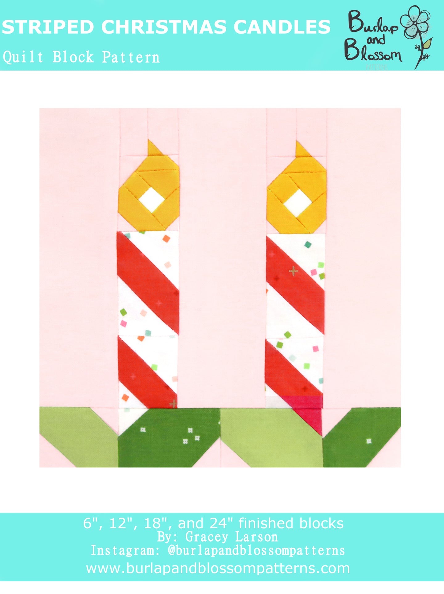 Pattern, Striped Christmas Candles Quilt Block by Burlap and Blossom (digital download)