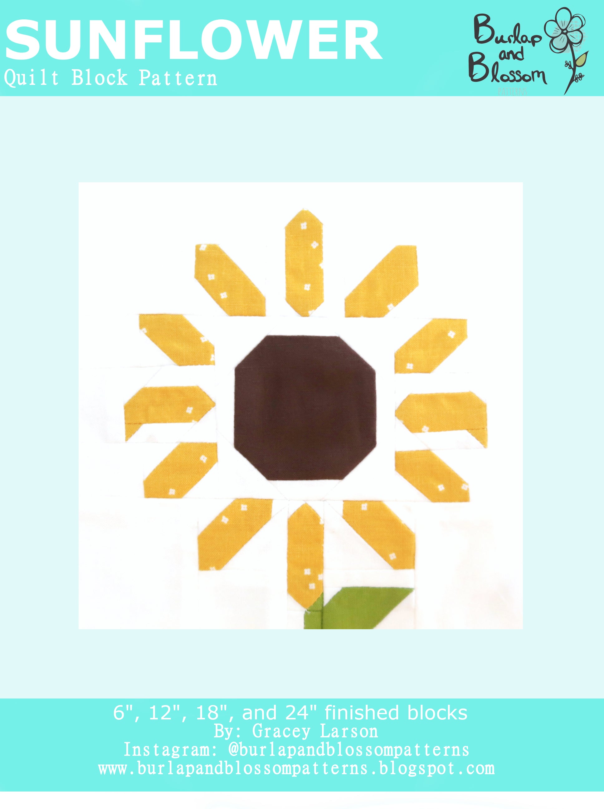 Pattern, Sunflower Quilt Block by Burlap and Blossom (digital download)