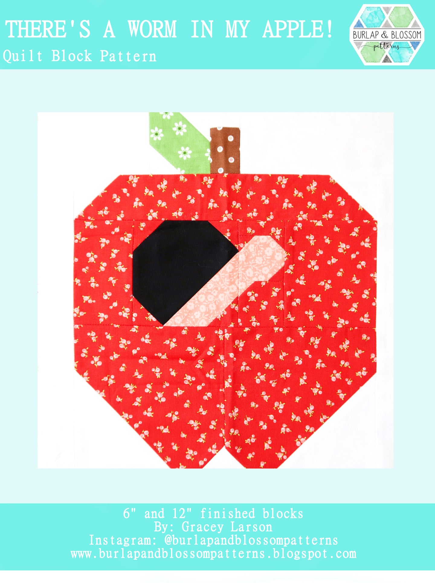 Pattern, There's a Worm in My Apple Quilt Block by Burlap and Blossom (digital download)