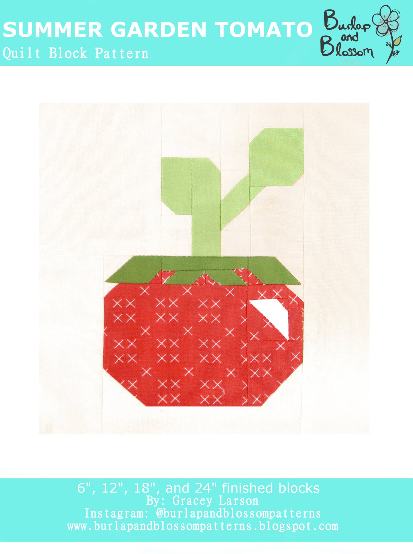 Pattern, Summer Garden Tomato Quilt Block by Burlap and Blossom (digital download)