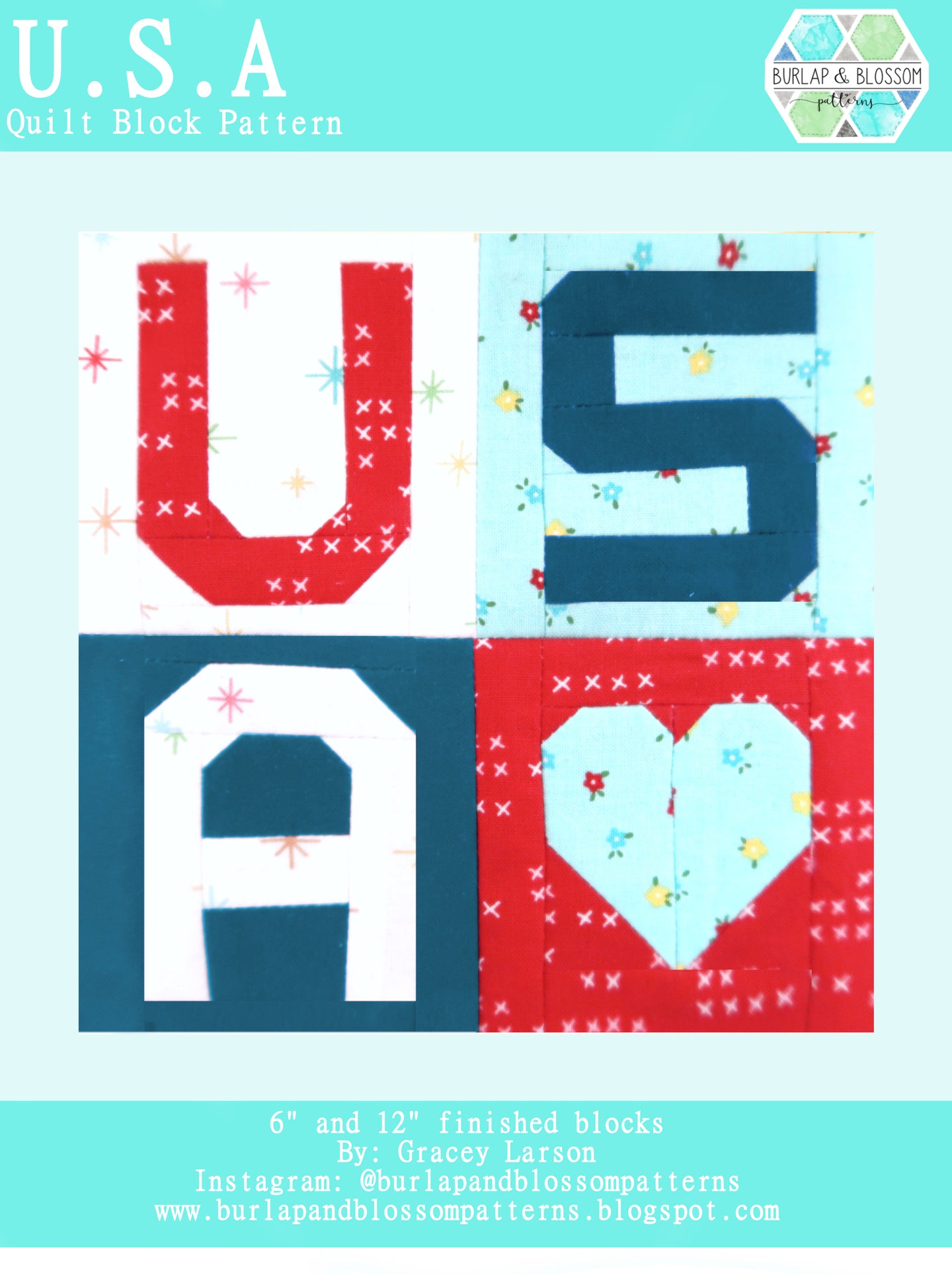 Pattern, Love USA Quilt Block by Burlap and Blossom (digital download)