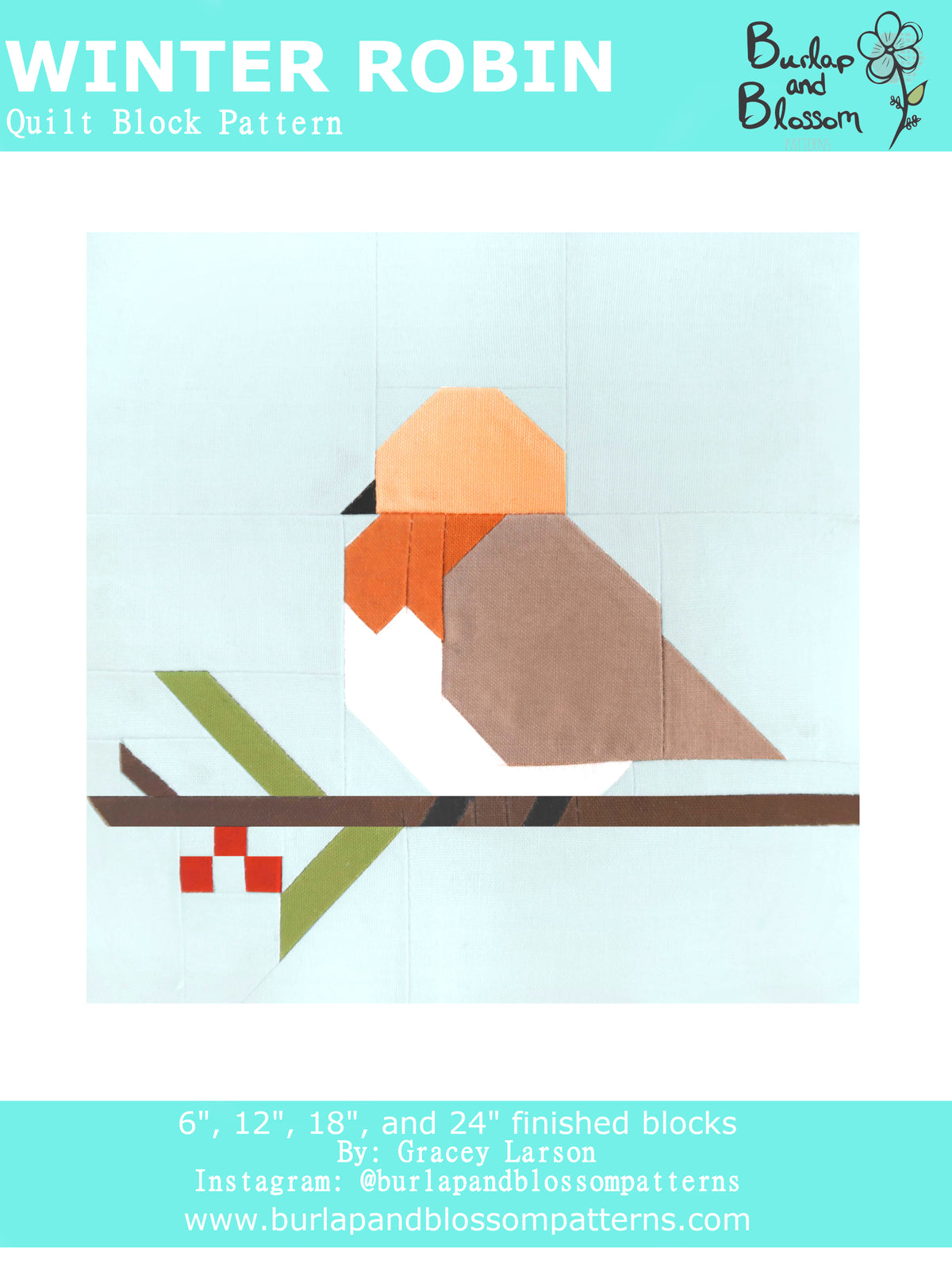 Robin Quilt Block Pattern Pattern, Winter Robin Quilt Block by Burlap and Blossom (digital downl ...