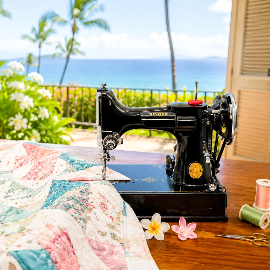 A Singer Featherweight 221 on a Maui lanai