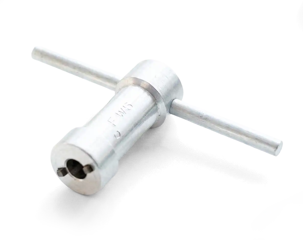 The stainless Thread Jam Removal Tool, a T-handle that fits over the bobbin case base