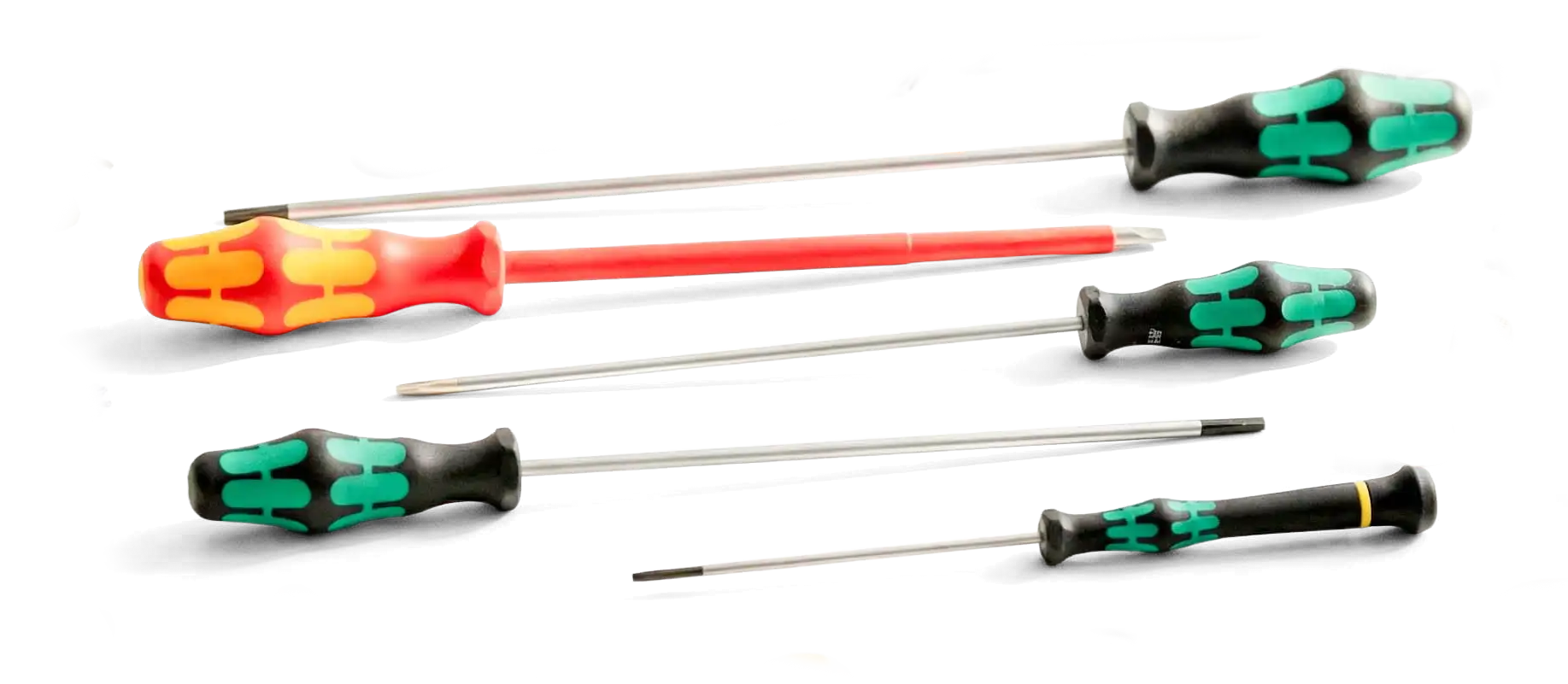 The five Wera maintenance screwdrivers laid out — long, safety, mid-length, small and motor