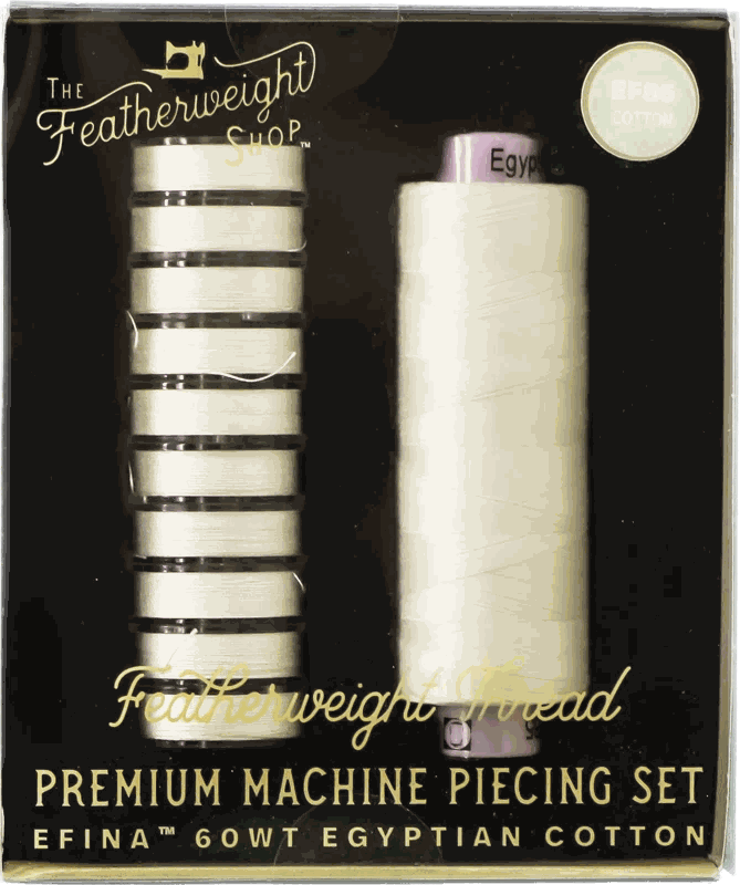 The Premium Machine Piecing Set box: a 750-yard spool of Efina 60-weight Egyptian cotton and ten prewound bobbins