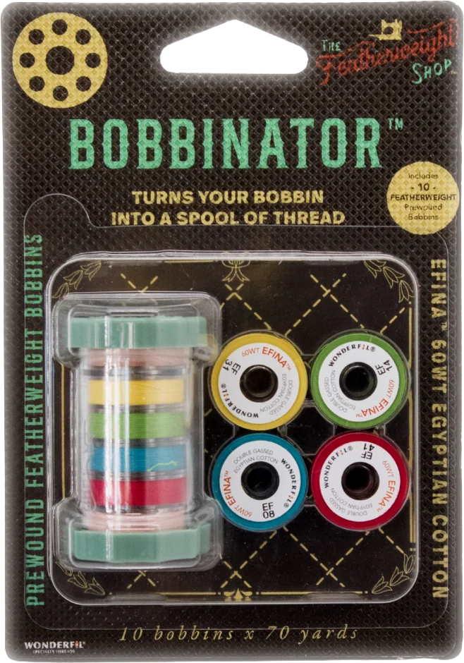 The Bobbinator — 10 prewound Efina 60wt cotton bobbins in five accent shades